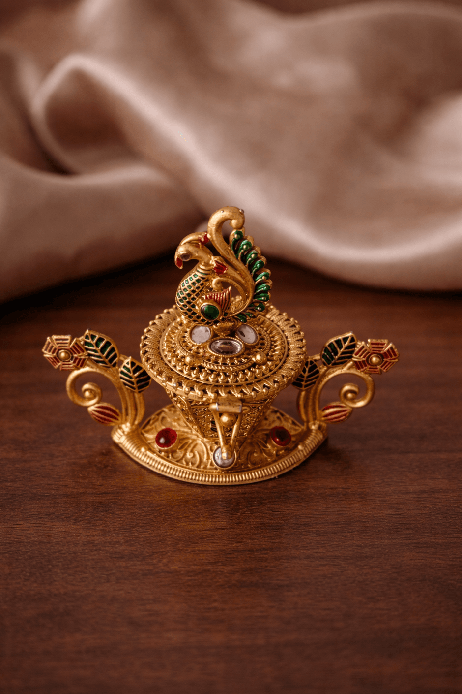 Peacock Meenakari Leaf Ruby Kundan Wide Base Kumkum Box