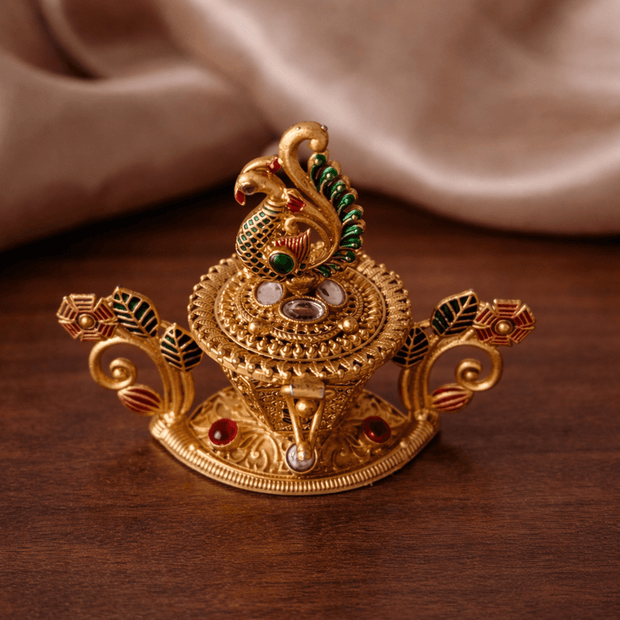 Peacock Meenakari Leaf Ruby Kundan Wide Base Kumkum Box