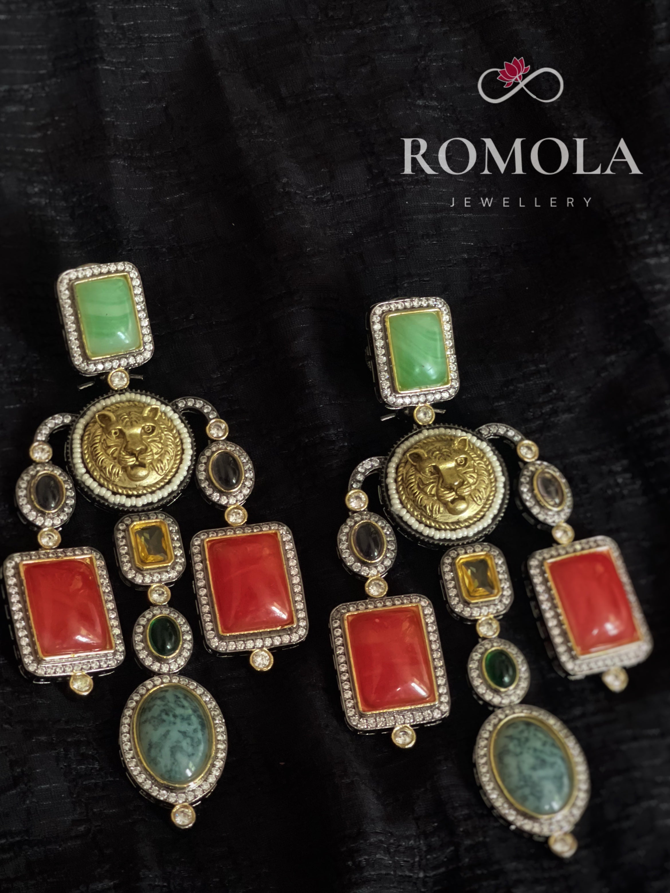 Sabyasachi Inspired Gold Tiger Head Multistone Chandelier Earrings