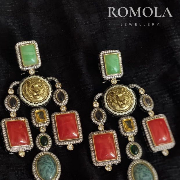 Sabyasachi Inspired Gold Tiger Head Multistone Chandelier Earrings