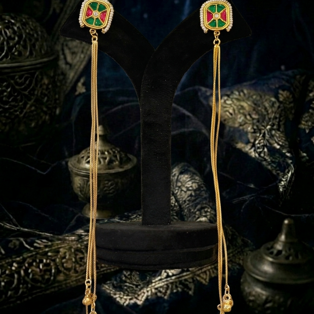 Gold earrings with green and red accents