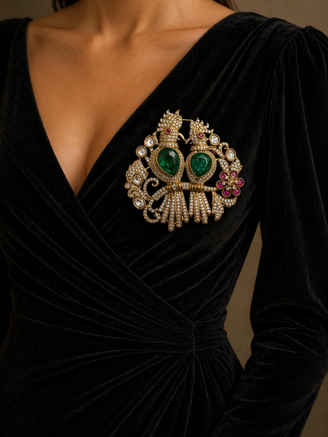 Black velvet dress with a large ornate brooch