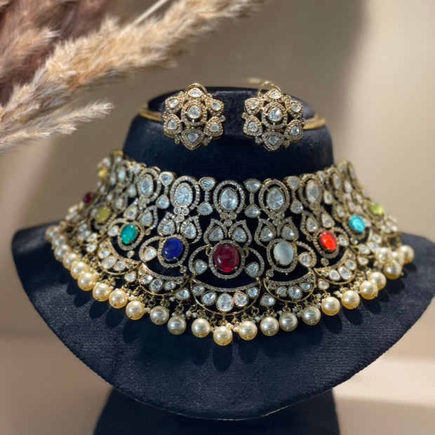 Moissanite Polki Pearl Choker Necklace Set