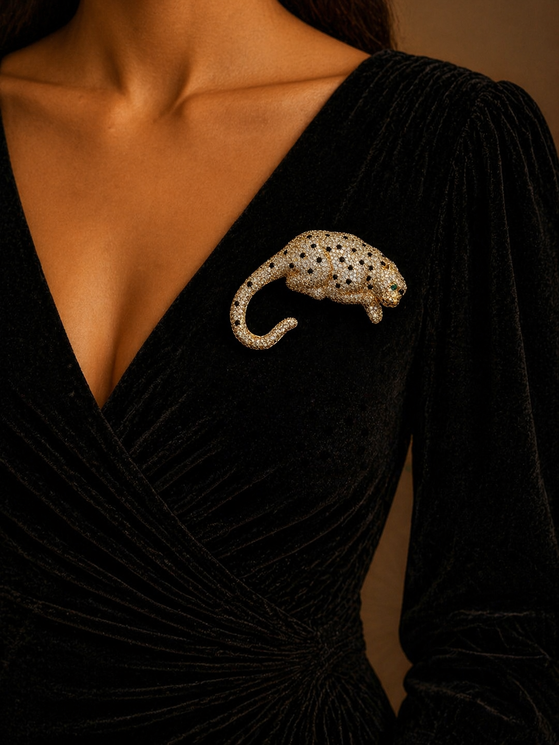 Black dress with a decorative brooch 