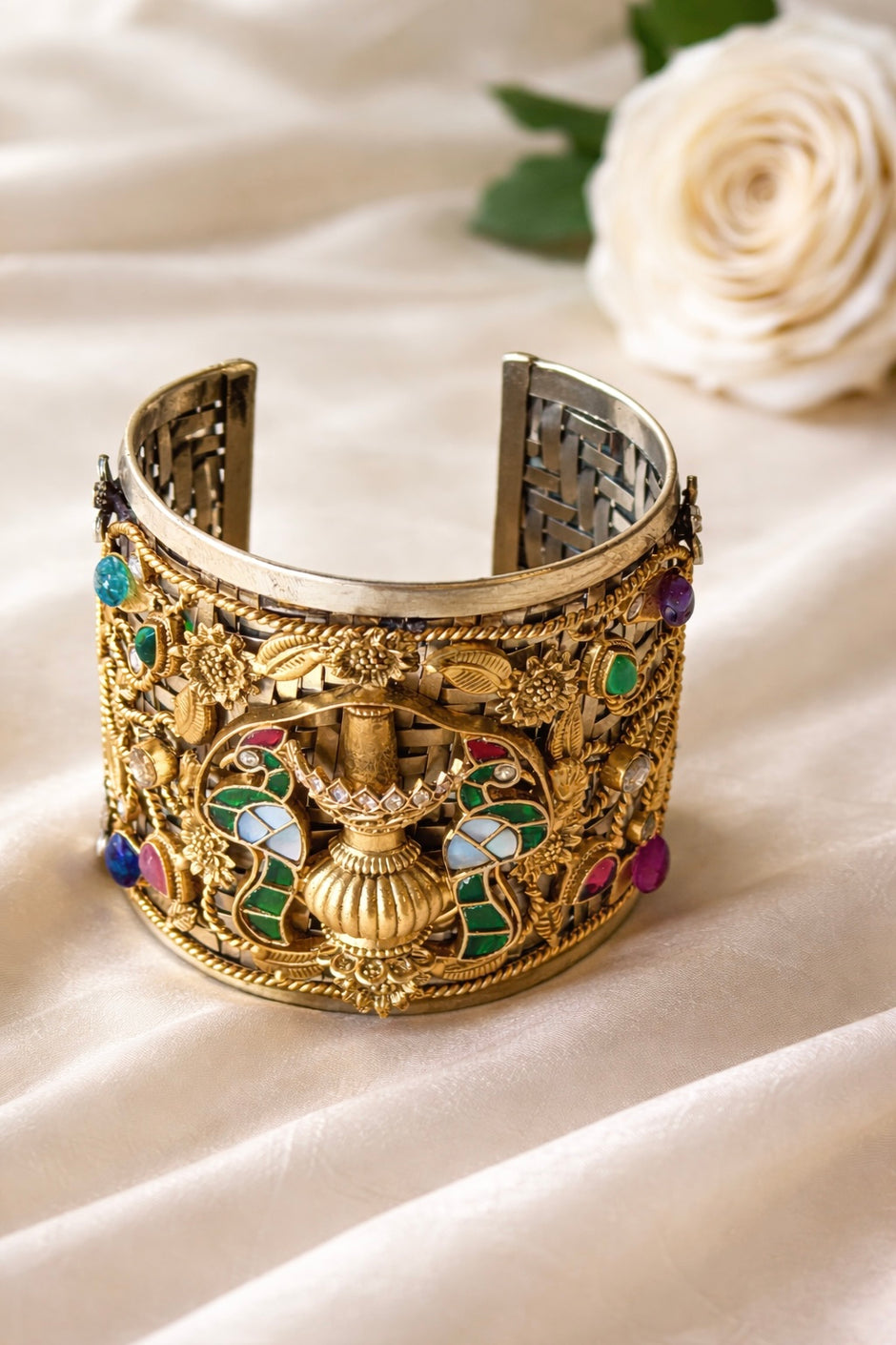Fusion Silver-Gold 3D Garden Hand Cuff Bracelet