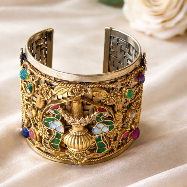 Fusion Silver-Gold 3D Garden Hand Cuff Bracelet