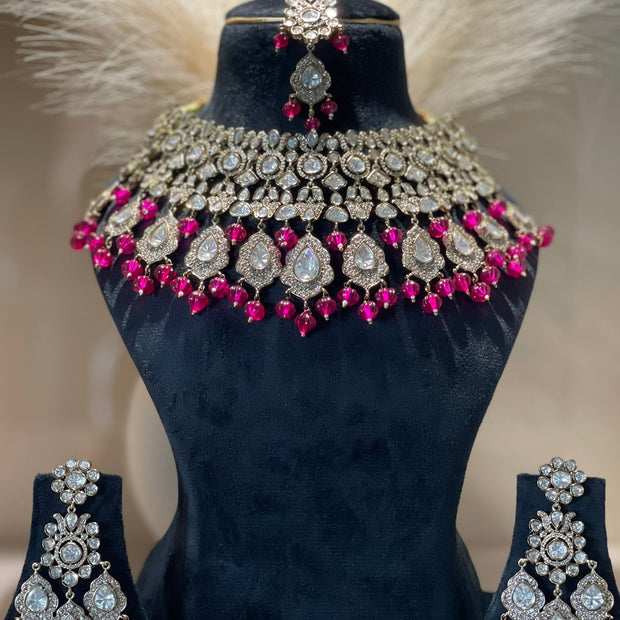 Grandeur Semi-Bridal Ruby Moissanite Choker Necklace Set