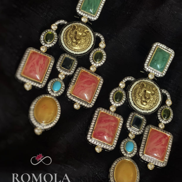 Majestic Lion Gemstone Chandelier Earrings