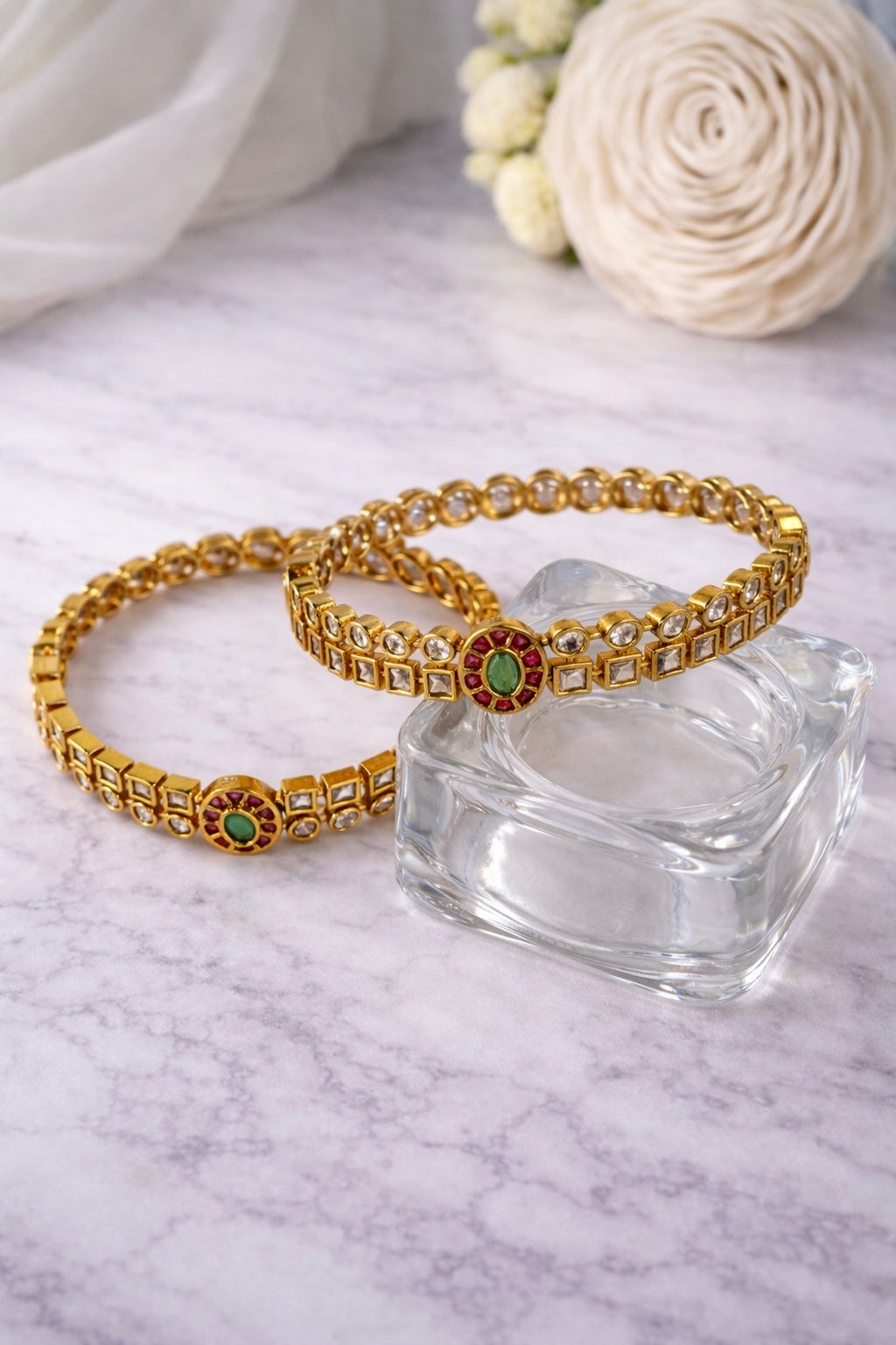 Kundan Emerald Ruby Centre Stone Bangles