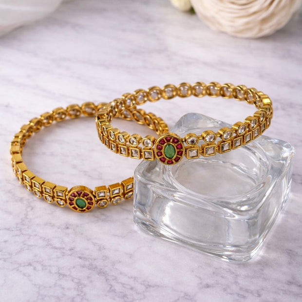 Kundan Emerald Ruby Centre Stone Bangles