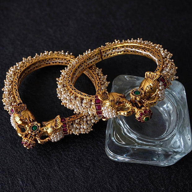 Elephant Head Pearl Drops Ruby Emerald Temple Bangles