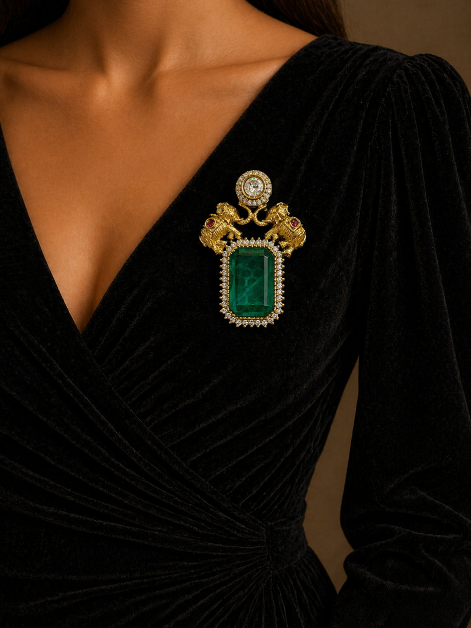 Black dress with a prominent brooch 
