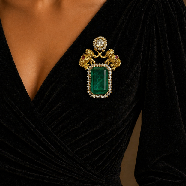Black dress with a prominent brooch 