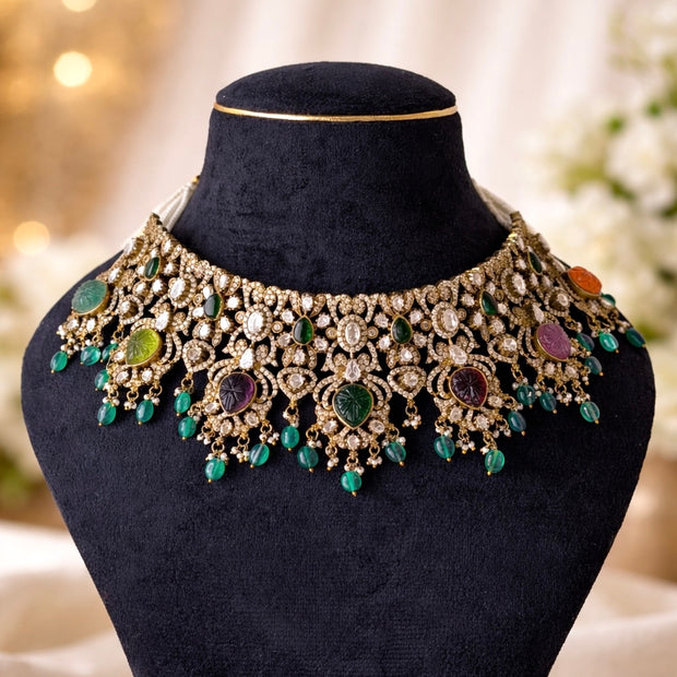 Victorian Polki Carved Navratan Stone Choker Necklace Set