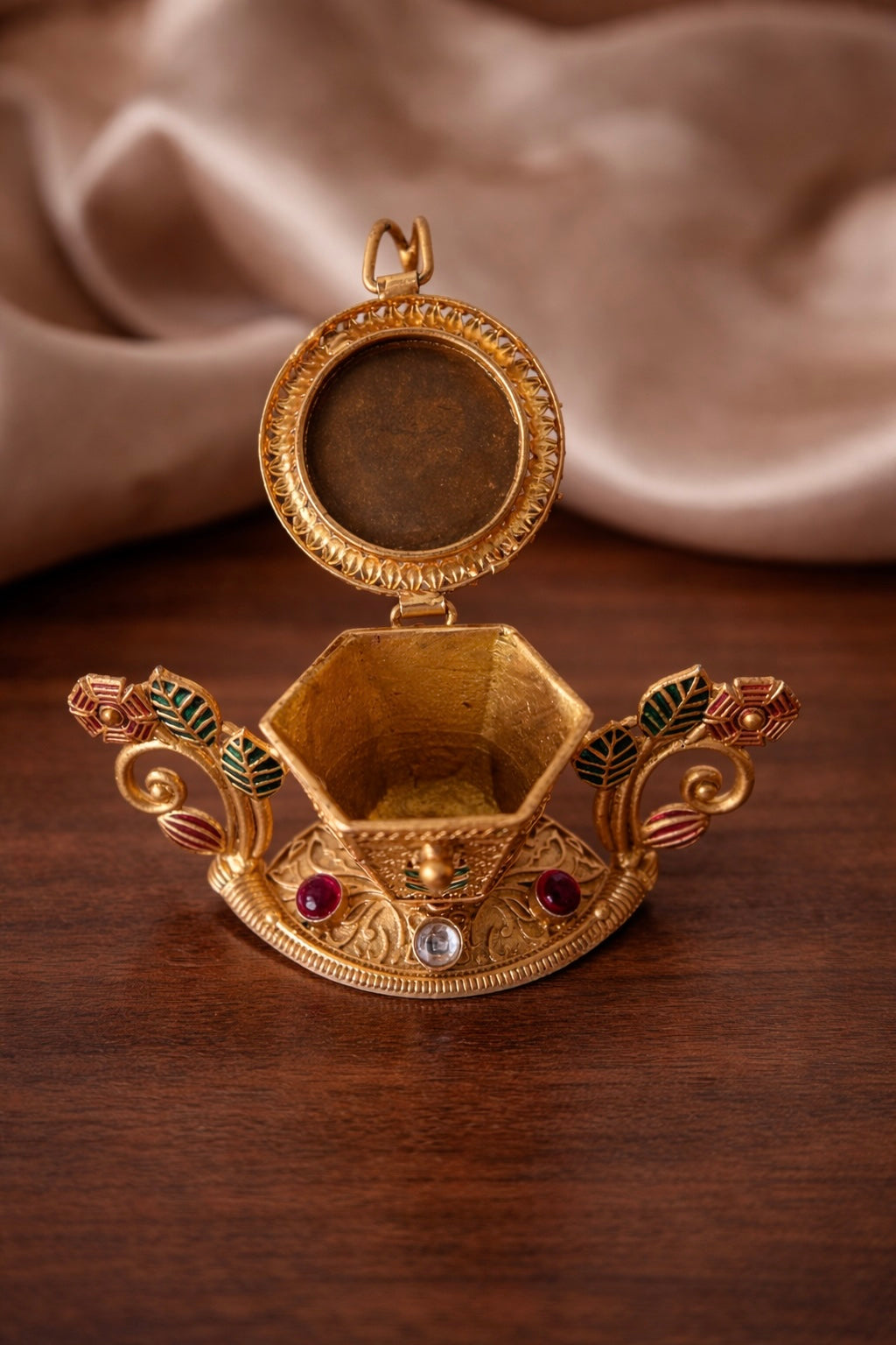 Peacock Meenakari Leaf Ruby Kundan Wide Base Kumkum Box