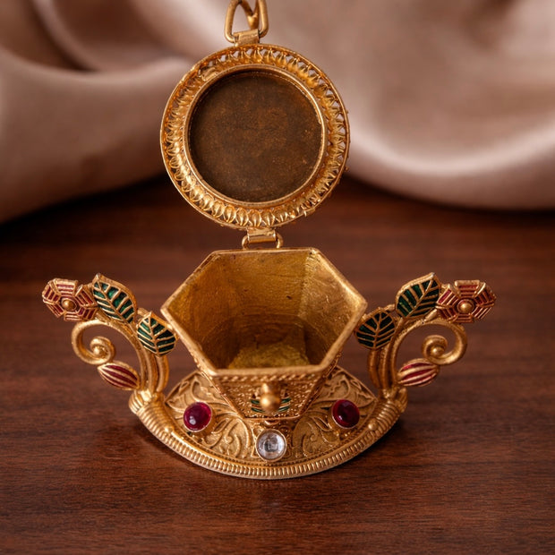 Peacock Meenakari Leaf Ruby Kundan Wide Base Kumkum Box