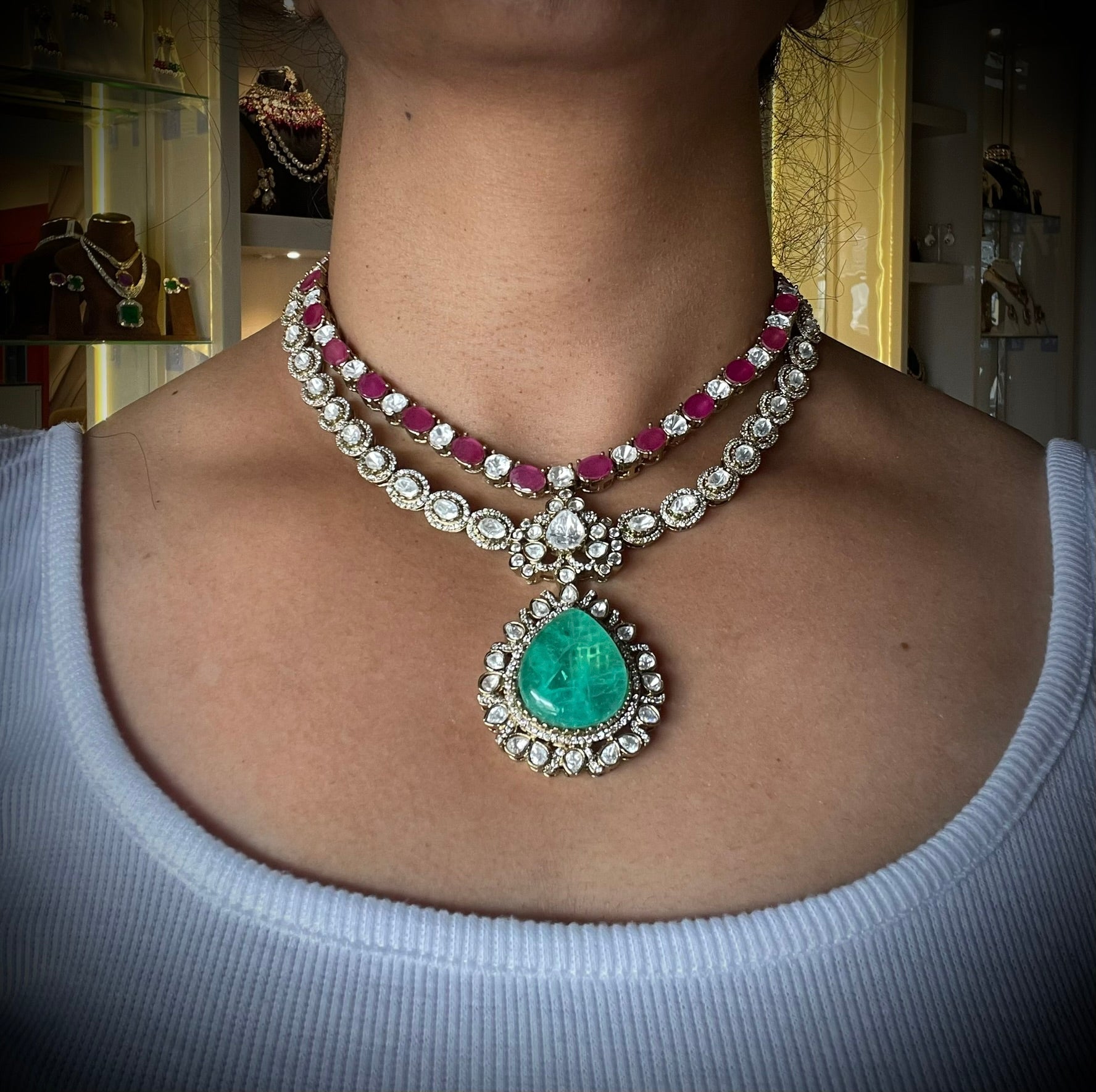 Ruby-Emerald Double Layered Royale Necklace Set