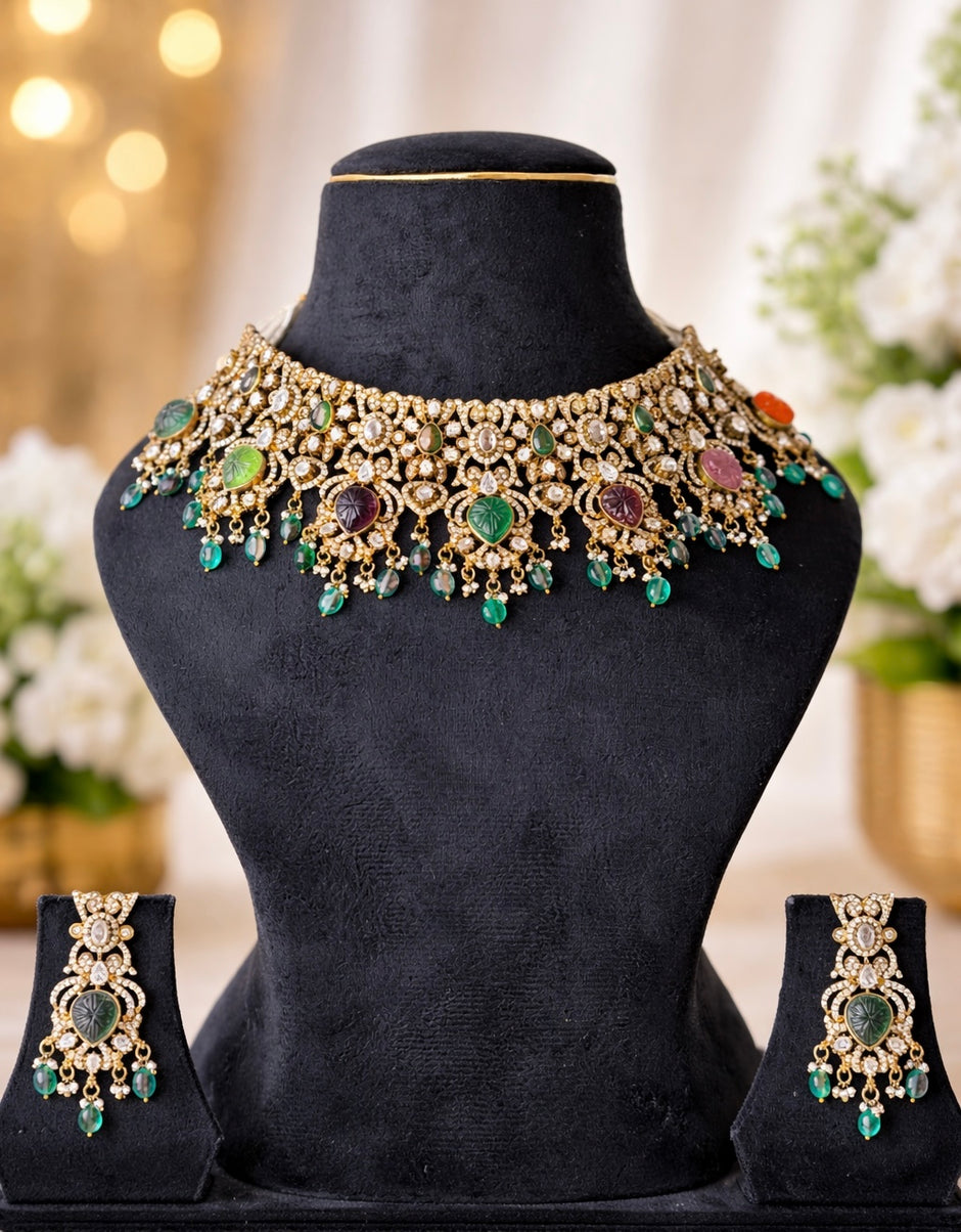 Victorian Polki Carved Navratan Stone Choker Necklace Set