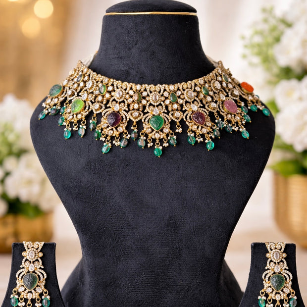 Victorian Polki Carved Navratan Stone Choker Necklace Set