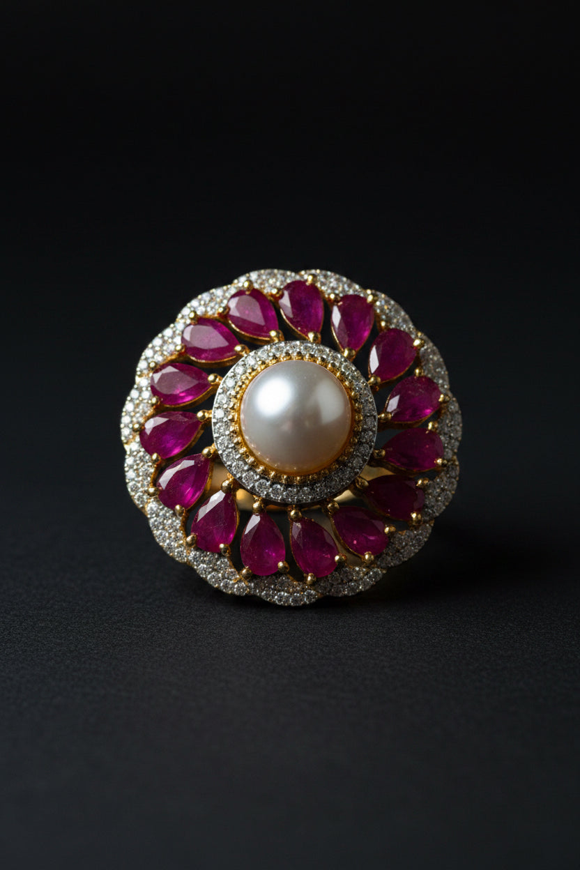 Decorative ring with pearls and red stones 