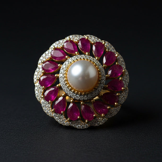 Decorative ring with pearls and red stones 