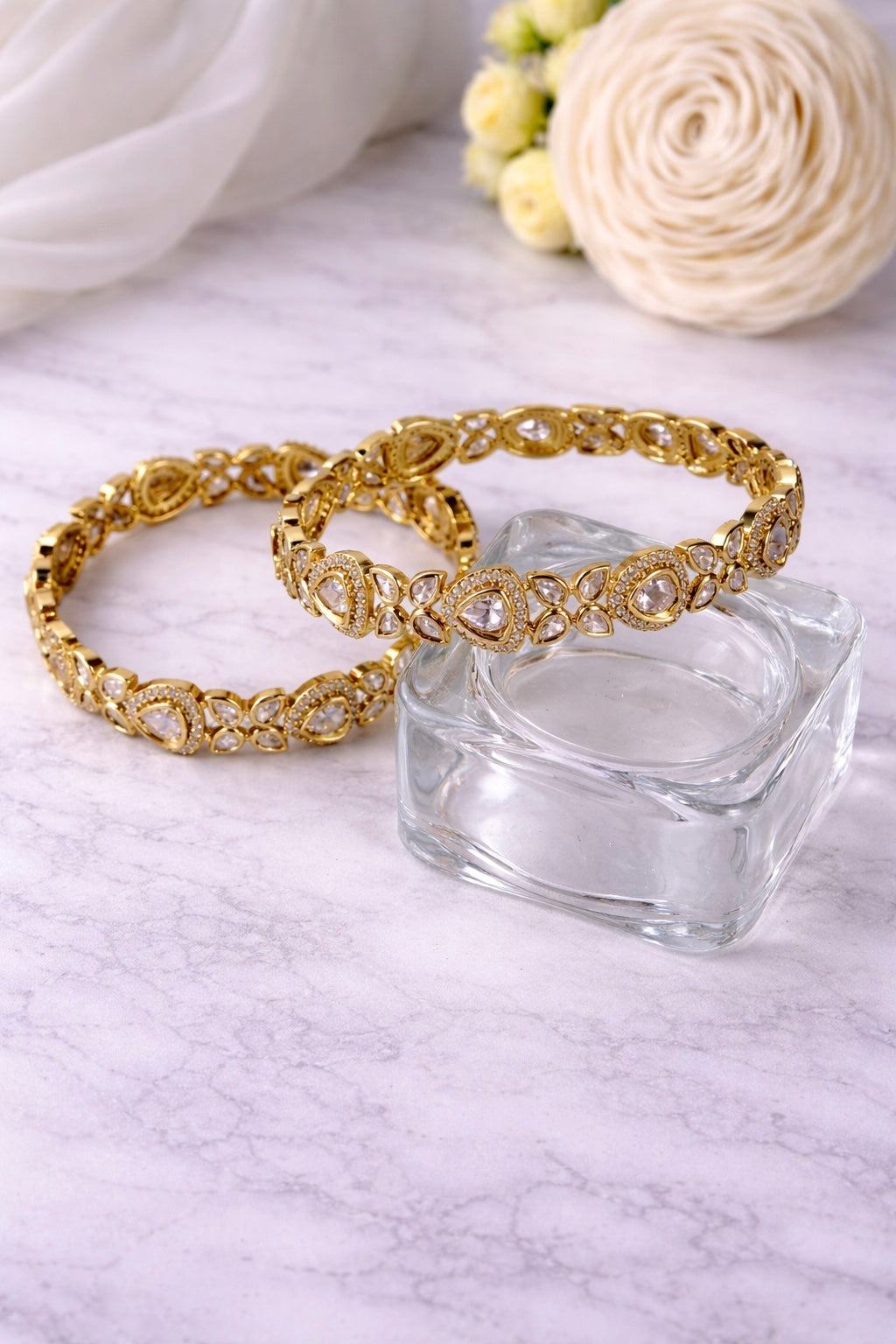 Elegant Polki Kundan Teardrop CZ Bangles