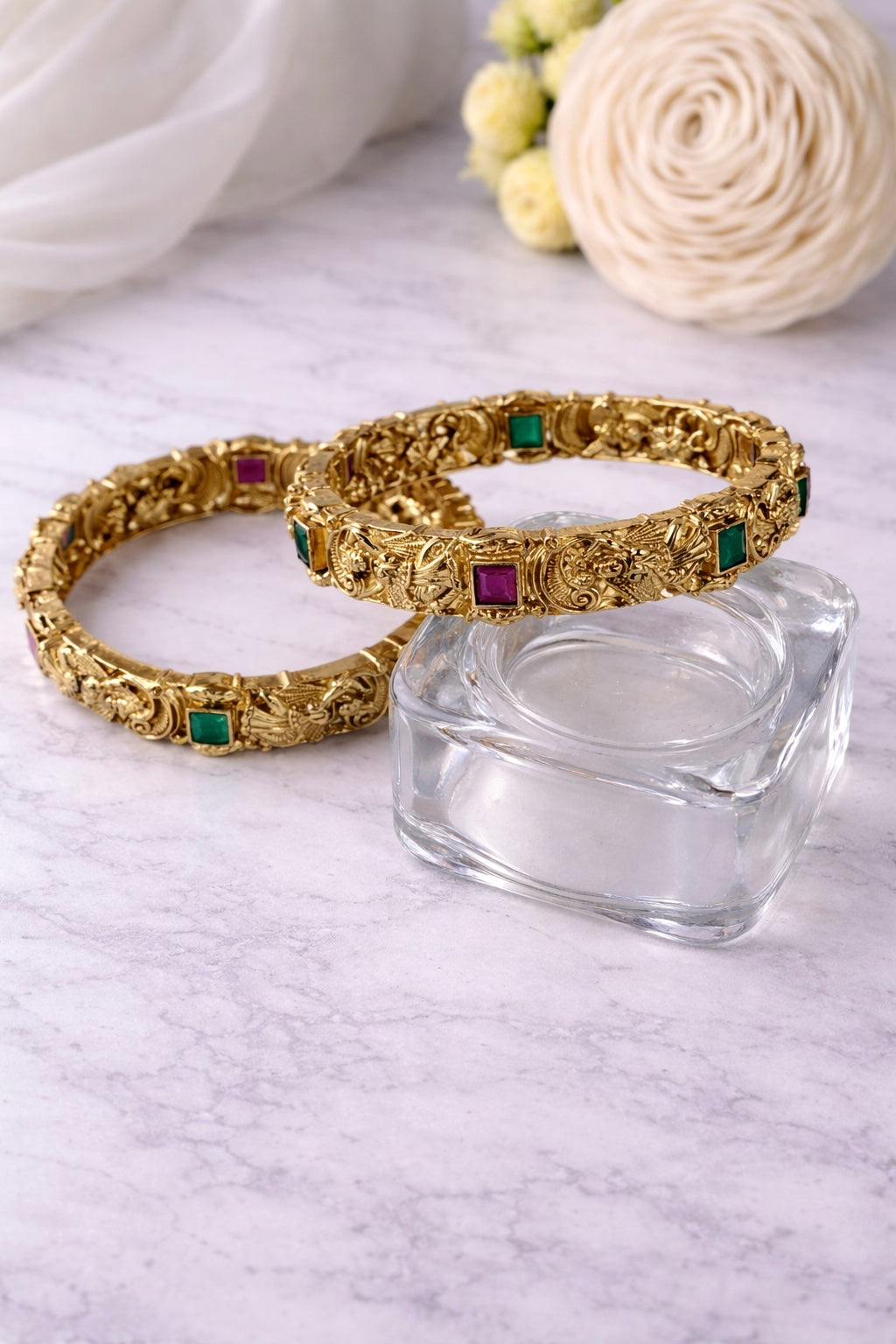 Antique Temple Nakshi Ruby Emerald Bangles