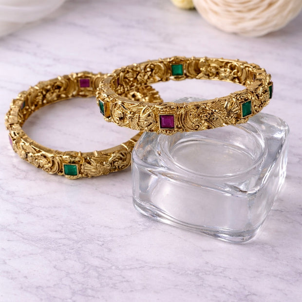 Antique Temple Nakshi Ruby Emerald Bangles