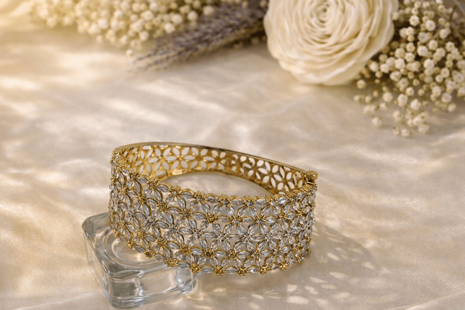 Floral Cluster Wide Cuff Kada Bangle Bracelet