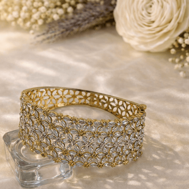Floral Cluster Wide Cuff Kada Bangle Bracelet
