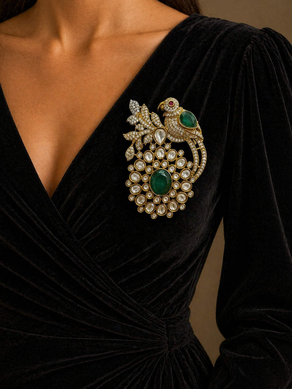 Black dress with a decorative brooch 