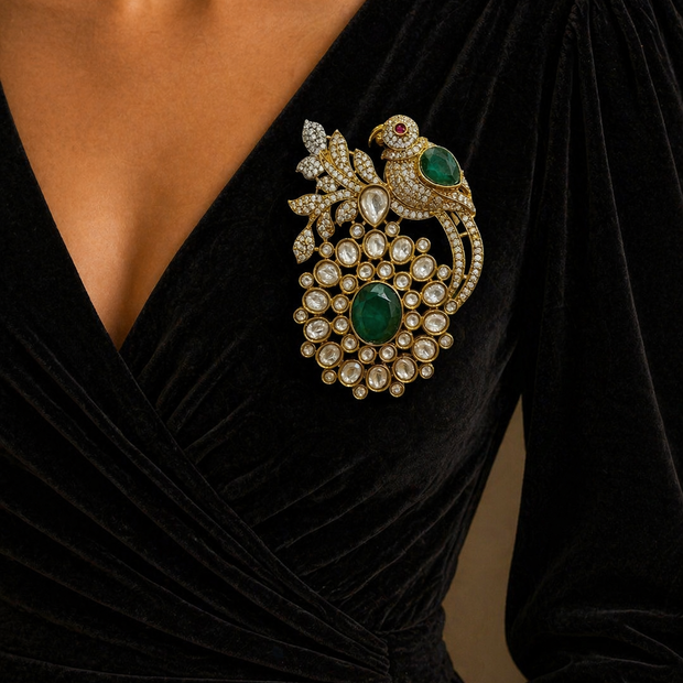 Black dress with a decorative brooch 