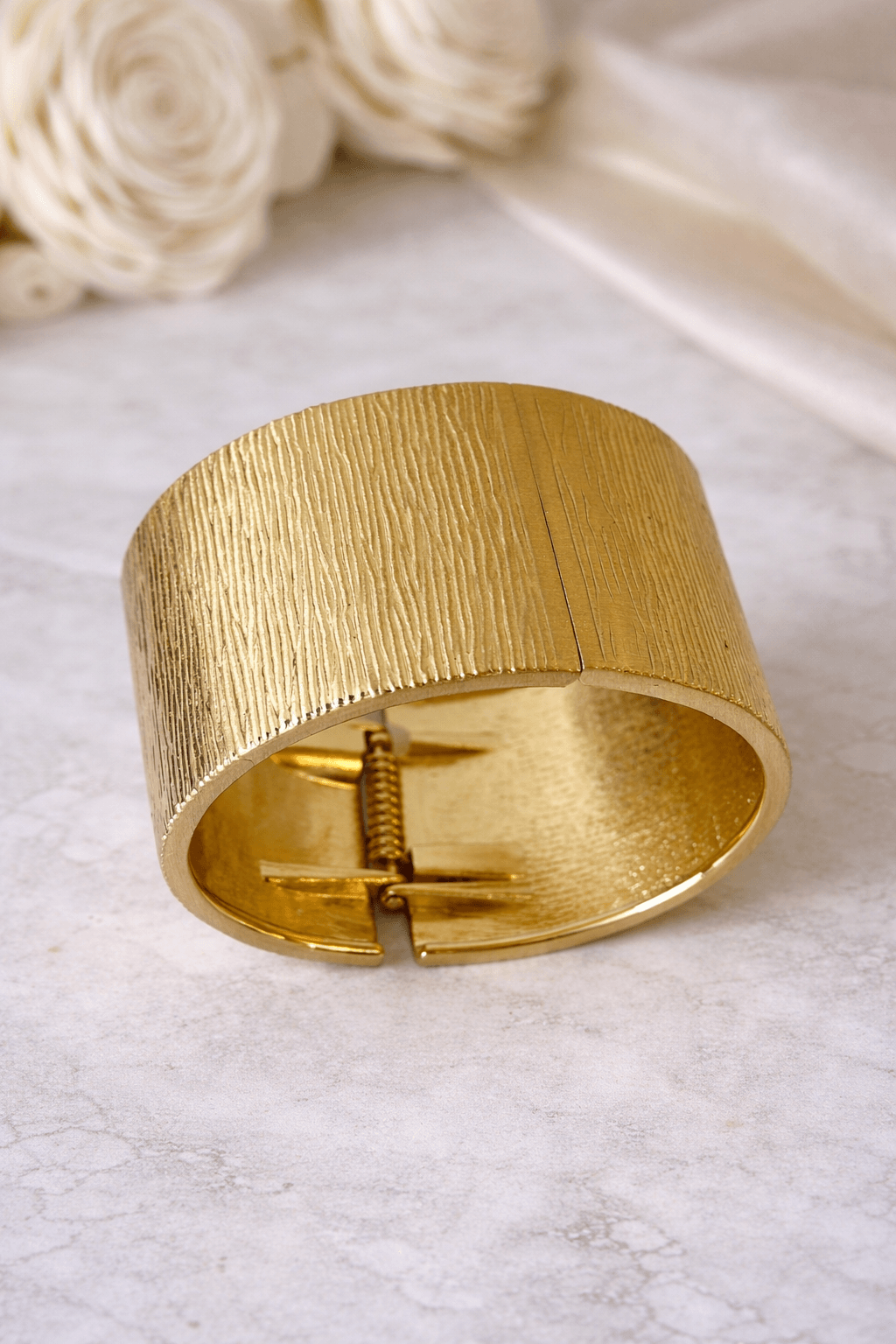 Gold-Plated Wide Bark Texture Hinged Cuff Bracelet
