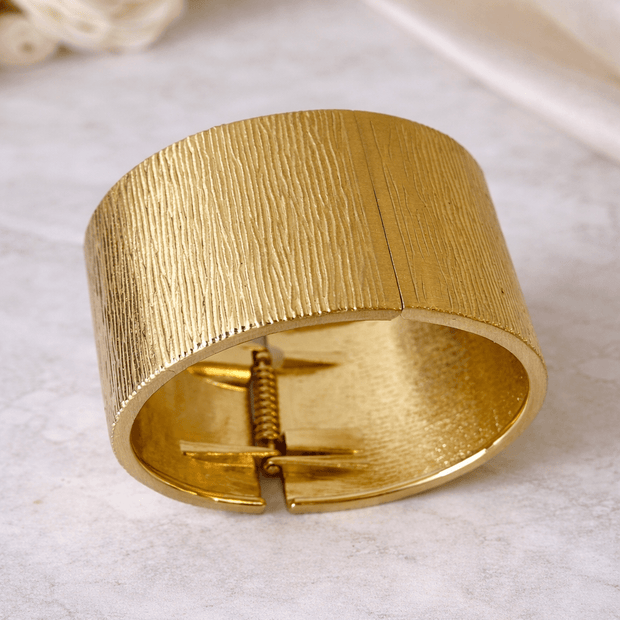 Gold-Plated Wide Bark Texture Hinged Cuff Bracelet