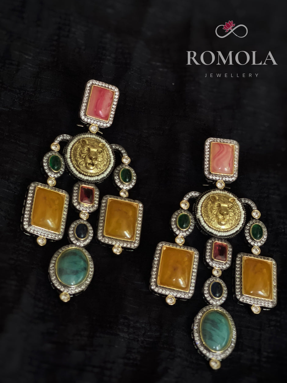 Sabyasachi Inspired Gold Tiger Head Multistone Chandelier Earrings