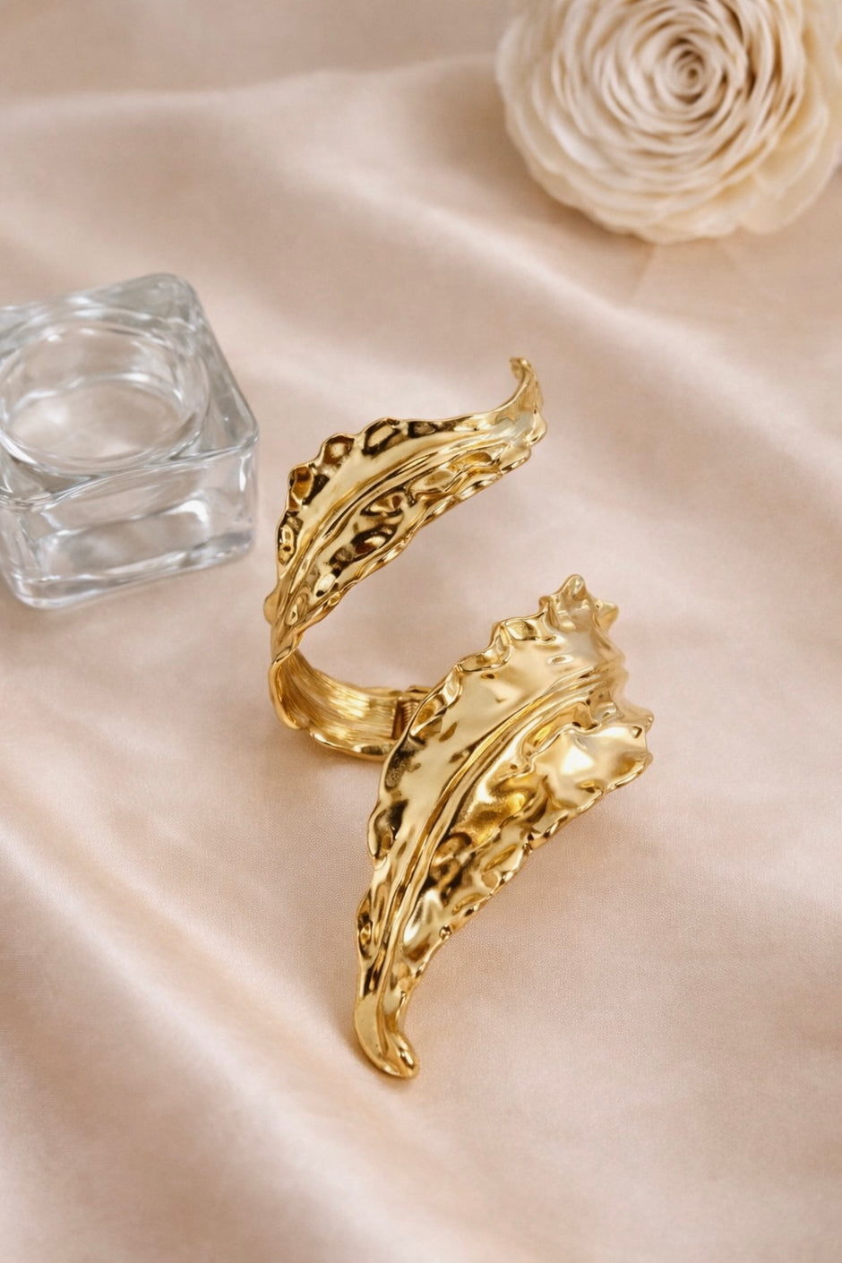 Gold Plated Bold Leaf Textured Open Cuff Statement Bracelet