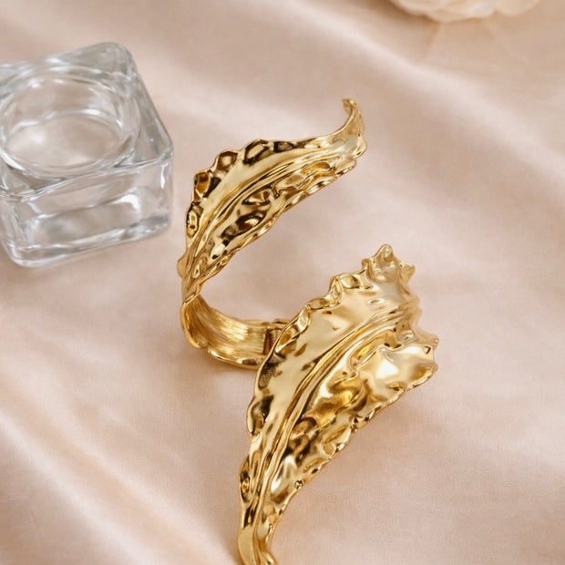 Gold Plated Bold Leaf Textured Open Cuff Statement Bracelet