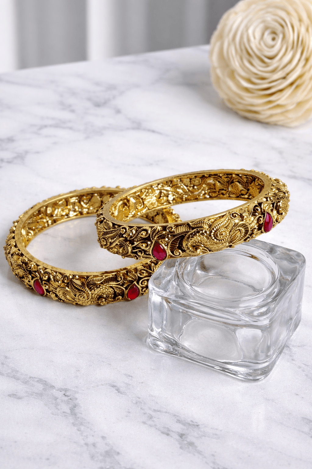 Antique Gold Kemp Stone Temple Nakshi Filigree Bangles