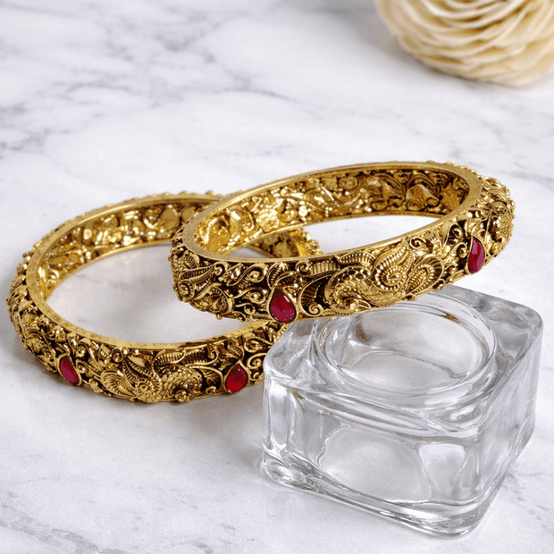 Antique Gold Kemp Stone Temple Nakshi Filigree Bangles