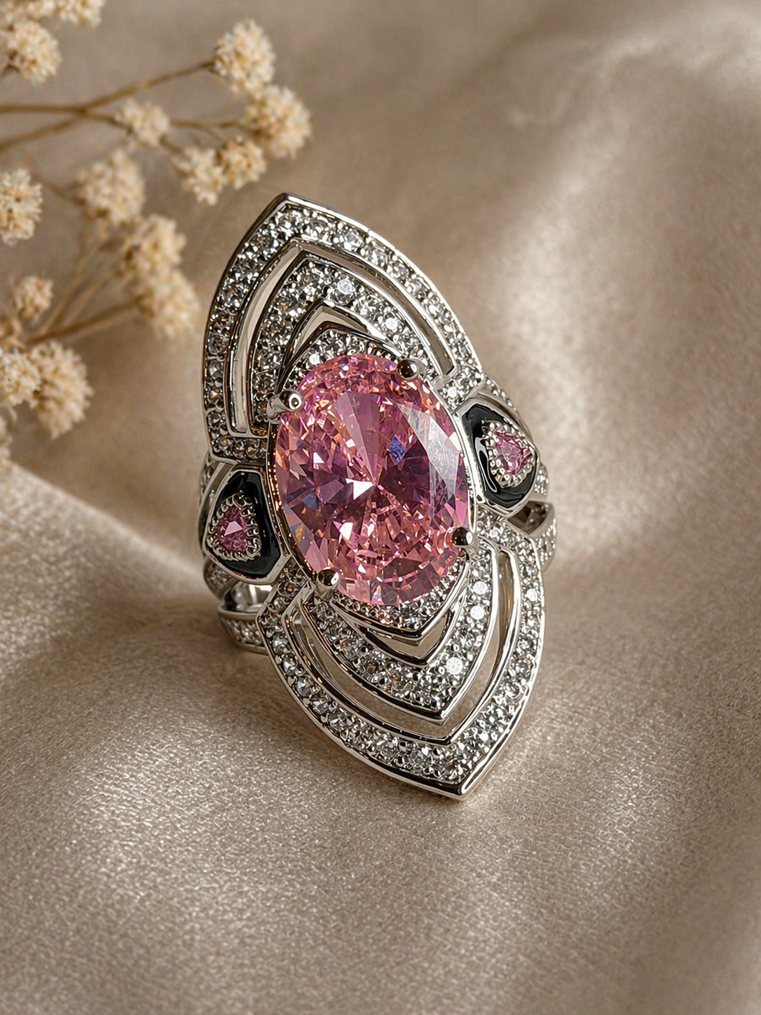 Pink gemstone ring with intricate silver design