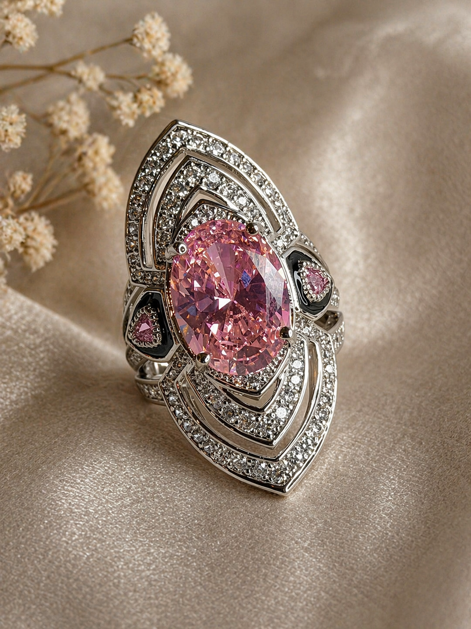 Pink gemstone ring with intricate silver design