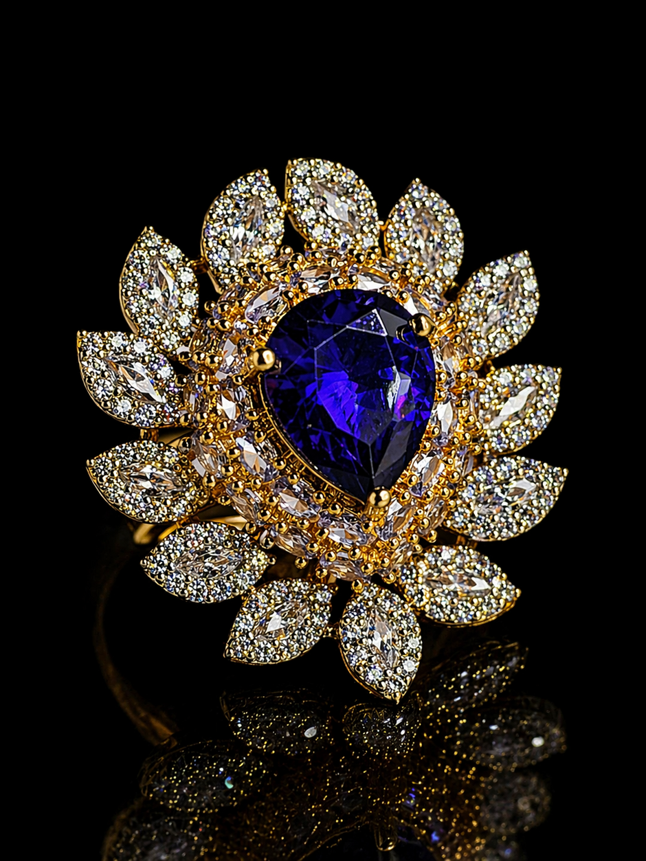 Elegant ring with a heart-shaped purple gemstone 