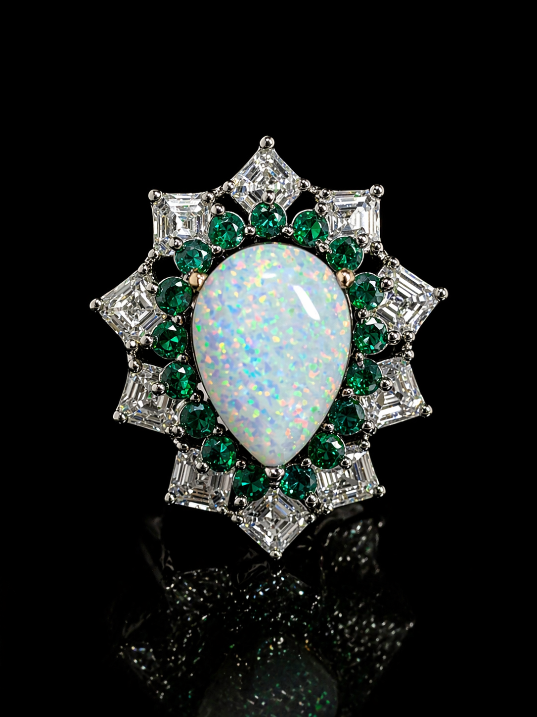 Opal ring with emeralds and diamonds
