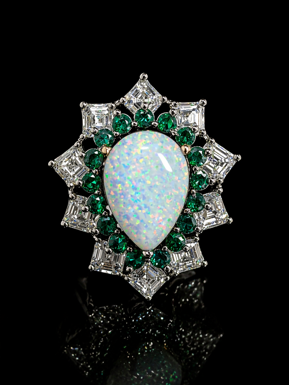 Opal ring with emeralds and diamonds
