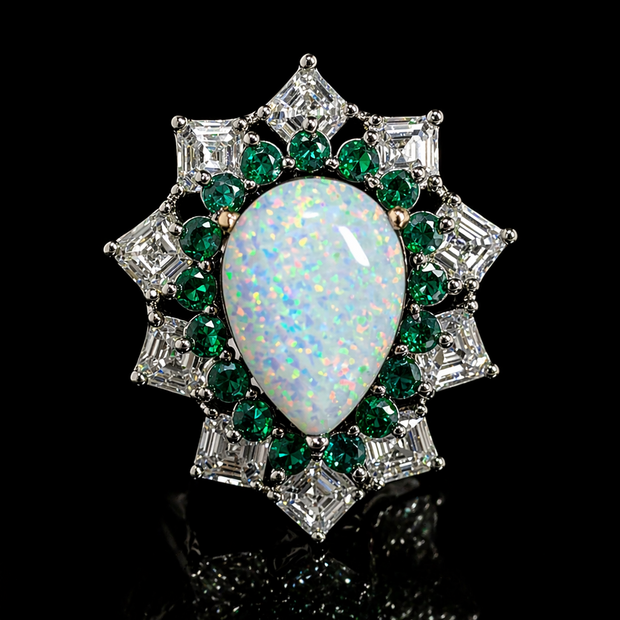 Opal ring with emeralds and diamonds