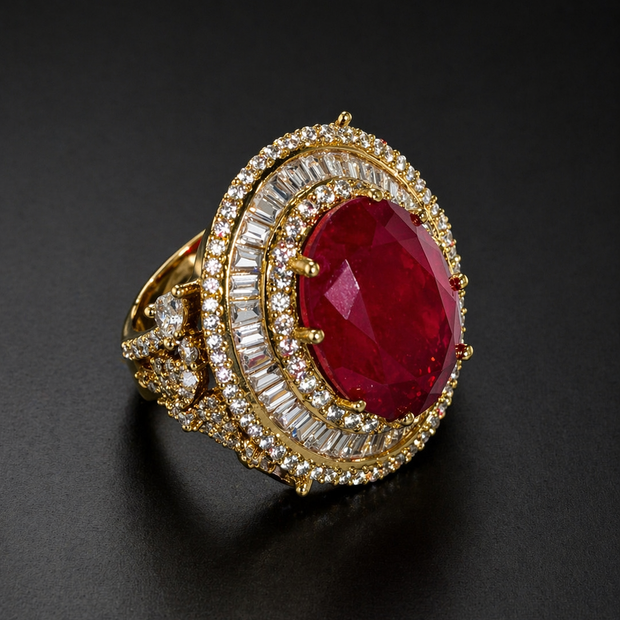 Gold ring with a red gemstone 