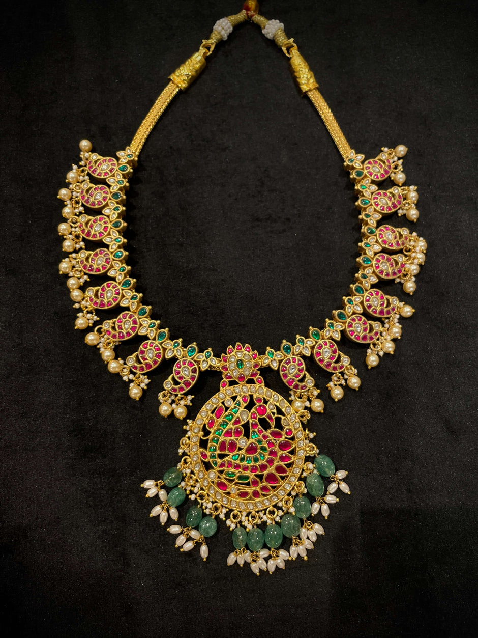 Jadau Peacock Pendant Mango Mala Necklace