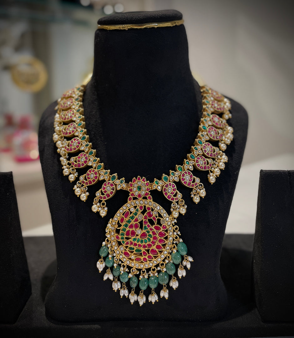 Jadau Peacock Pendant Mango Mala Necklace