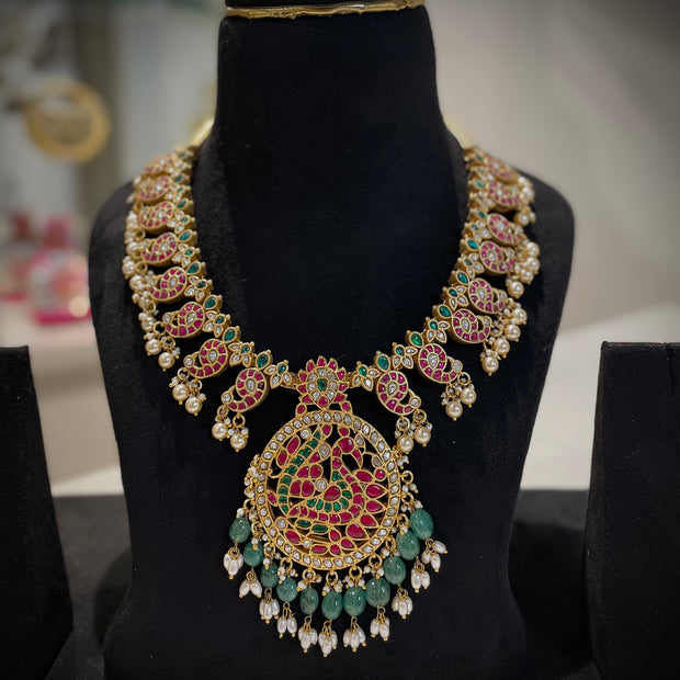 Jadau Peacock Pendant Mango Mala Necklace