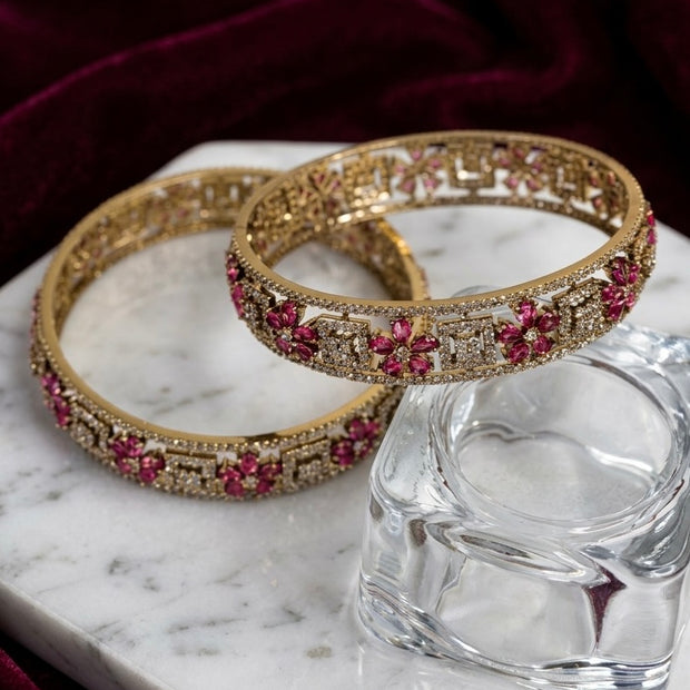 Pink Ruby Marquise CZ Floral Openwork Bangles